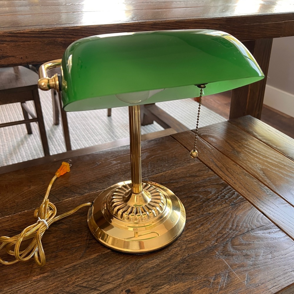 Vintage Style Bankers Desk Lamp Green Glass Shade Brass Base Works!